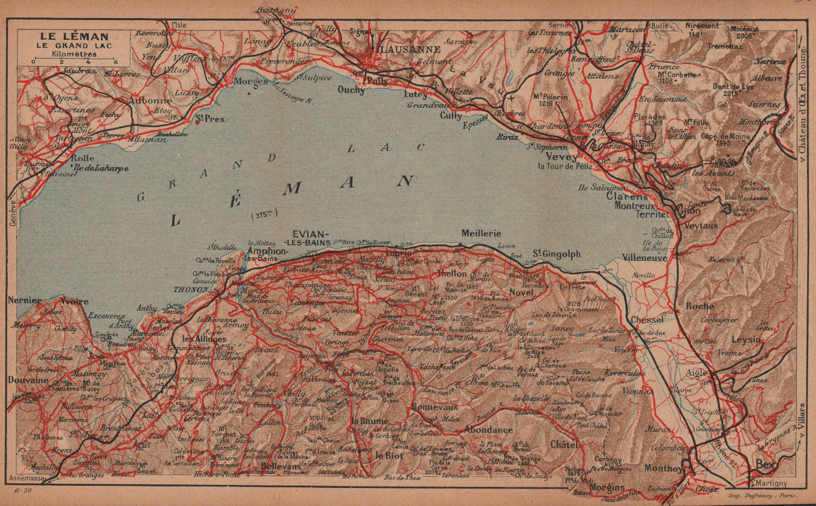LE LÉMAN LE GRAND LAC. Lake Geneva Genève. Vintage map plan. Switzerland 1920
